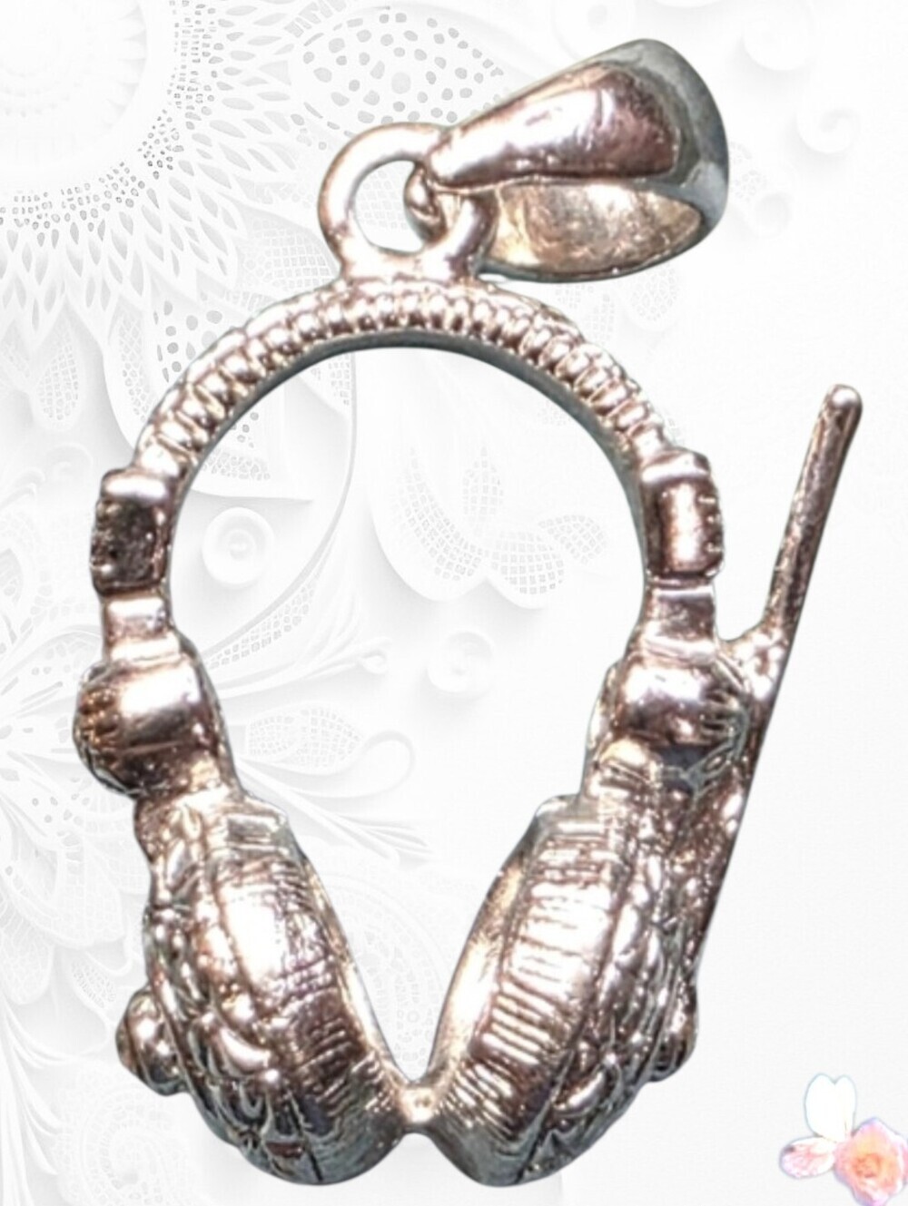 Rhinestone Headphones Music Lover Pendant Silver Tone 944